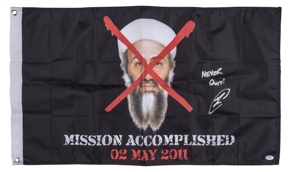 U.S Navy Seal Robert J. ONeill Signed & Inscribed "Never Quit" Osama Bin Laden Mission Accomplished Flag (PSA/DNA)